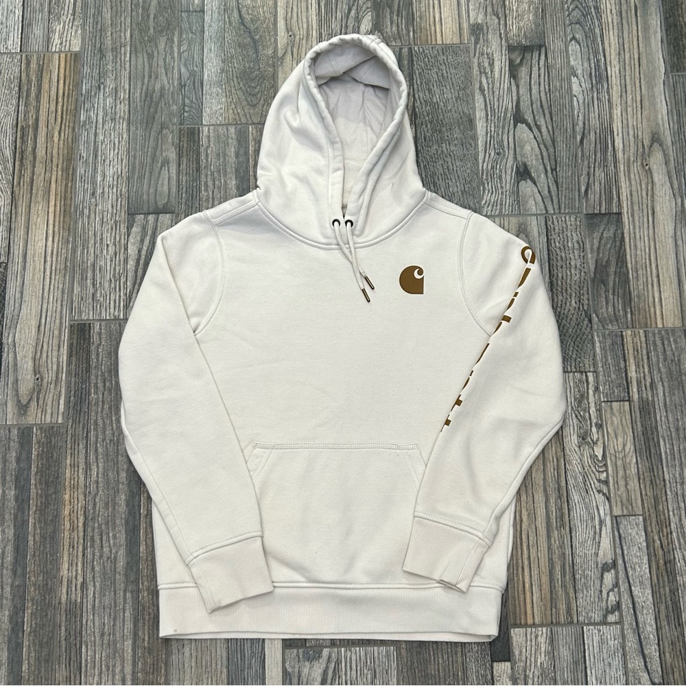 🔥🔥 CARHARTT Cream Loose Fit Midweight Logo Sleeve Graphic Hoodie Women Sz Med